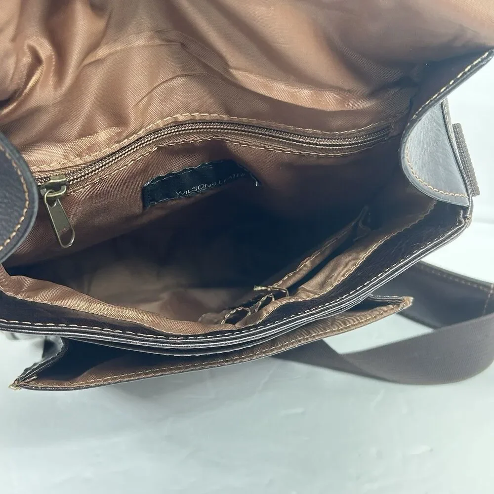 Wilson Leather Messenger Bag Brown Crossbody Tablet Snap Adjustable Pockets